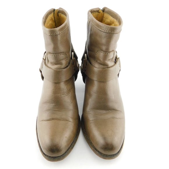 FRYE Brown Leather Tabitha Harness Short Block Heel Ankle Boots 7 - Picture 2 of 9